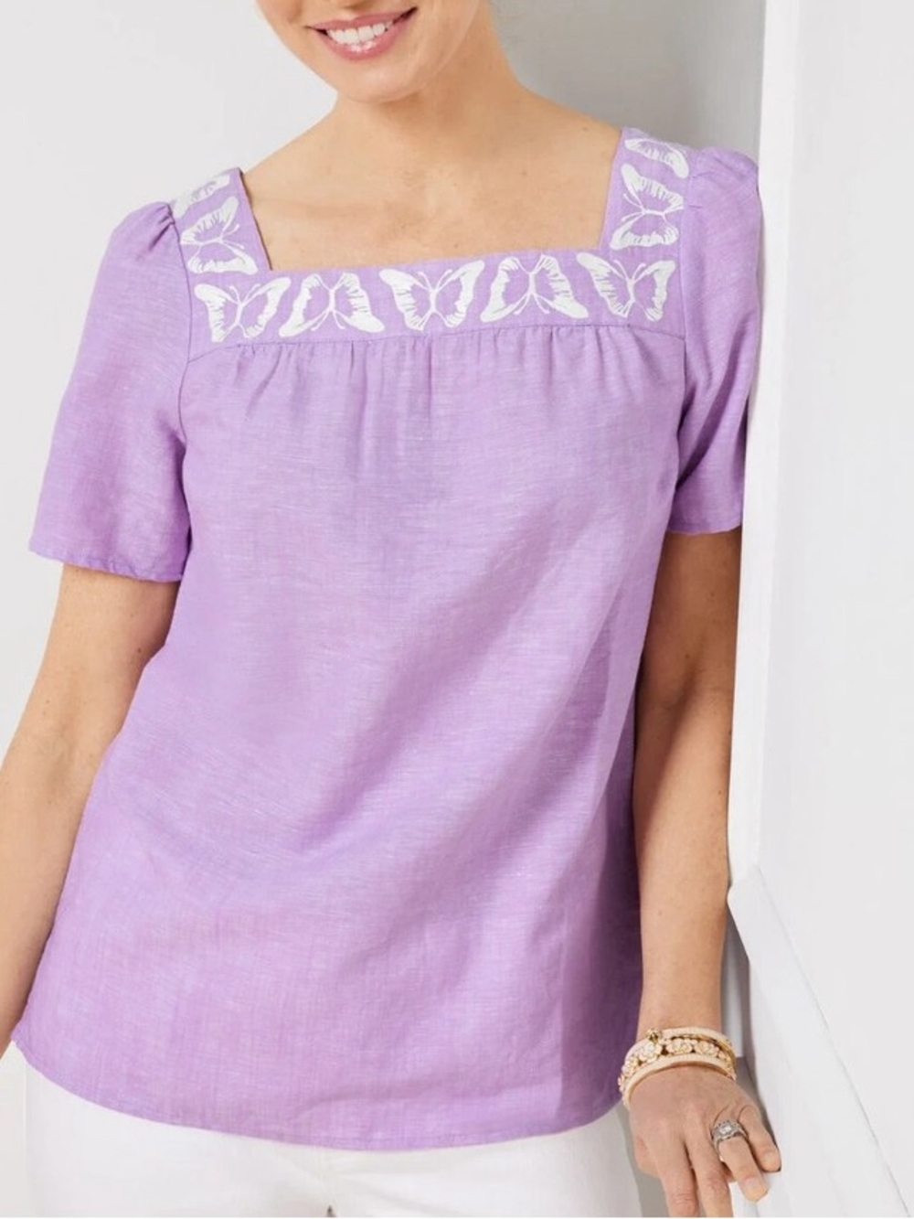 Talbots Linen Blend Lavender Butterfly Embroidered Coastal Vacation Romantic Top